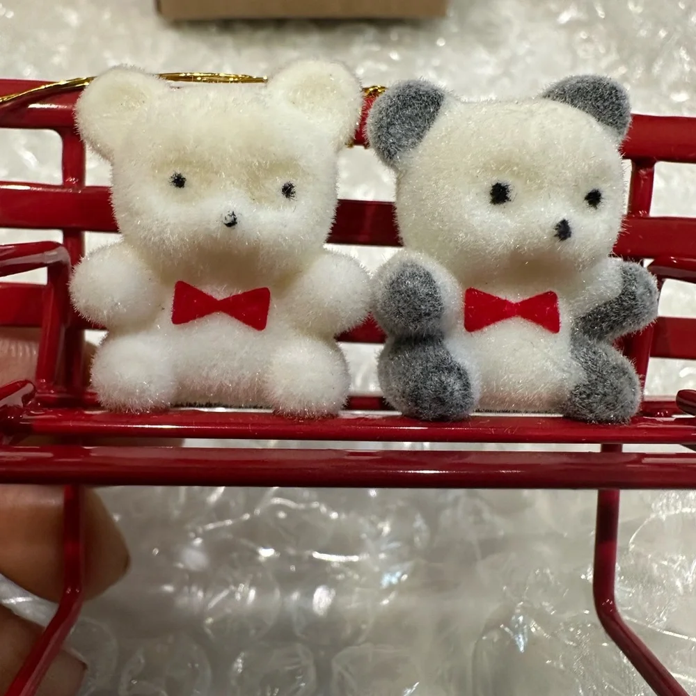 Avon Teddy Bear Collection Ornaments on bench with Red Bows - Picture 1 of 16